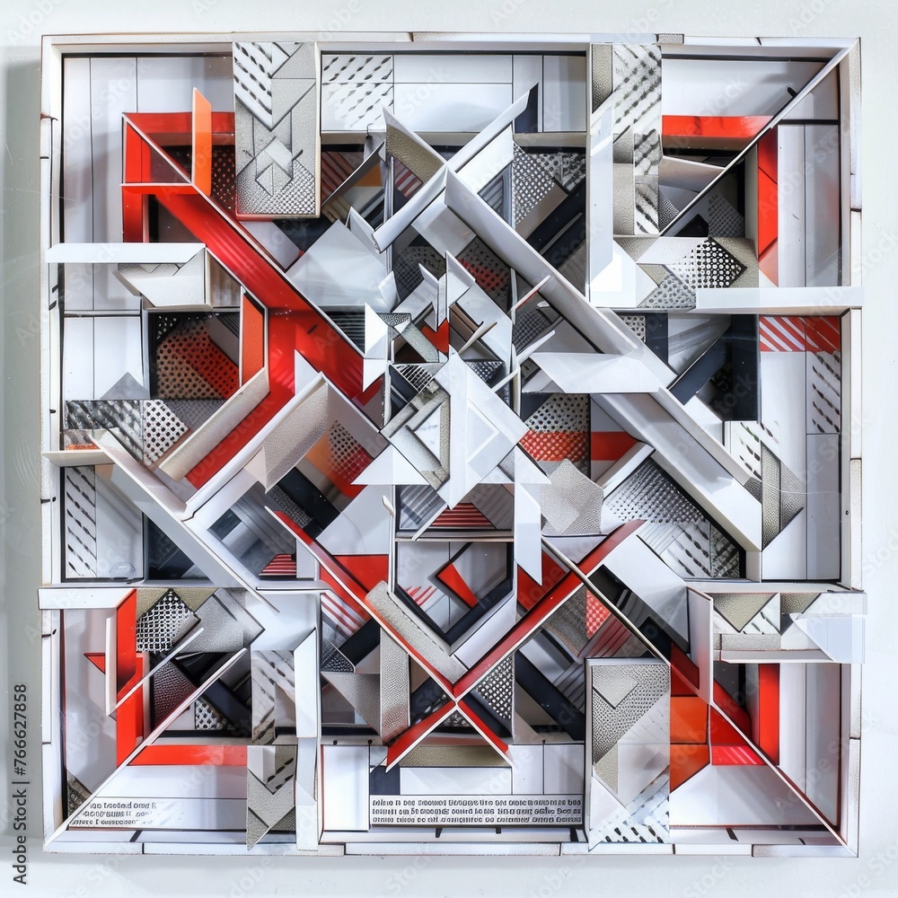 Poster a vibrant 3d composition of geometric shapes, featuring dynamic red and white elements creating a se