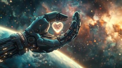 A robotic hand gently cradles a digital heart in a cosmic setting, symbolizing a blend of technology and emotion. Futuristic representation of artificial intelligence with a touch of human affection.