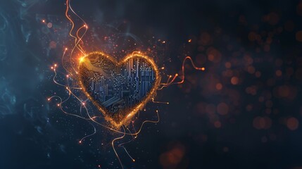 A heart-shaped figure composed of circuitry and illuminated by glowing particles against a dark, bokeh background.