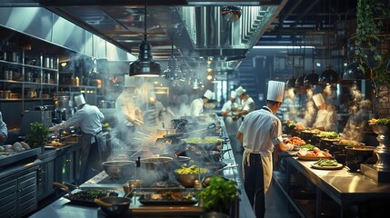 A bustling food restaurant kitchen with chefs skillfully preparing dishes, the air filled with the aroma of herbs and spices as they craft culinary delights with precision and passion.