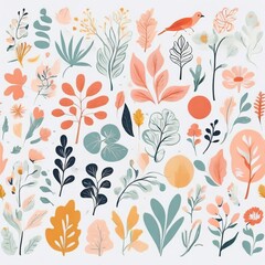 A collection of seamless pattern, colorful abstract plants and flowers. Hand drawn Collection of leaves and flowers. A close up of a pattern of flowers and leaves.
