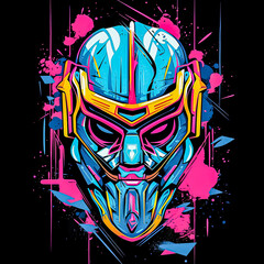 A colorful, abstract painting of a helmet with a skull on it.