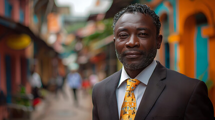 Homme africain, business man en costume cravate, faire de l'argent en ligne en Afrique - obrazy, fototapety, plakaty