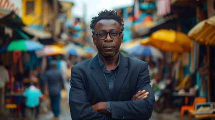 Homme africain, business man en costume cravate, faire de l'argent en ligne en Afrique - obrazy, fototapety, plakaty