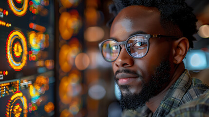 Ingénieur informatique africain, sourire avec des lunettes, jeune homme barbu, travailler en Afrique - obrazy, fototapety, plakaty