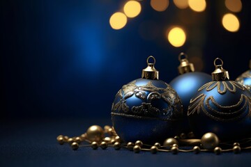 holiday elegance, christmas banner lights and baubles on dark blue