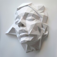 A white, geometric abstract sculpture of a human face, mounted on a wall, presenting a modern and minimalist aesthetic.