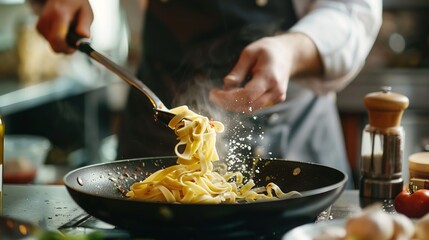 A chef expertly tossing fresh pasta in a pan with vibrant ingredients and flavorful sauces,...