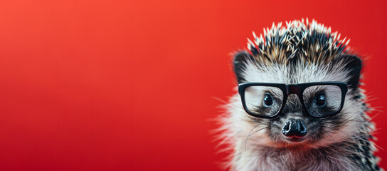A small animal with glasses is staring at the camera. The image has a playful and whimsical mood, as the animal is wearing glasses. close-up of a hedgehog wearing small square glasses in a red - obrazy, fototapety, plakaty