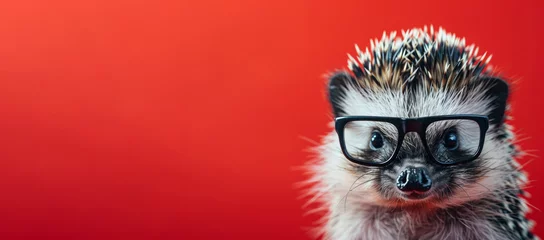 Fotobehang A small animal with glasses is staring at the camera. The image has a playful and whimsical mood, as the animal is wearing glasses. close-up of a hedgehog wearing small square glasses in a red © Nataliia_Trushchenko