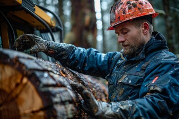 Focused logger at work in a misty forest, inspecting heavy machinery and timber