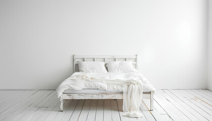 white wooden bed with white cloth in empty white room on background