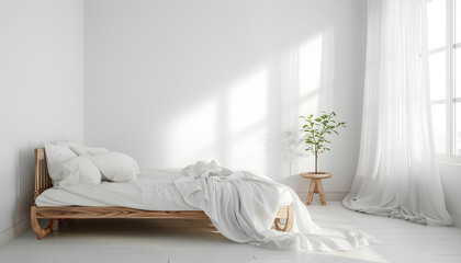Fototapeta na wymiar white wooden bed with white cloth in empty white room on background
