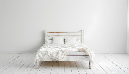 white wooden bed with white cloth in empty white room on background