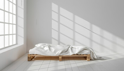 Fototapeta na wymiar white wooden bed with white cloth in empty white room on background
