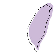 Taiwan country simplified map. Violet silhouette with thin black smooth contour outline isolated on white background. Simple vector icon