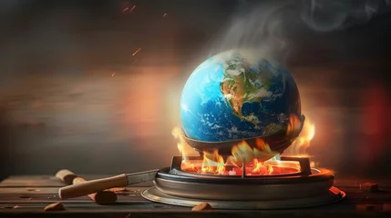 Fotobehang earth planet globe over flames of a stove burning, the concept of conventional energy hurting the planet and global warming as a wide banner with copyspace area - © JovialFox