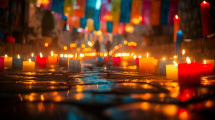 Dia de las velitas. A Colombian tradition. Candles and lanterns of all colors fill the night that officially begins Christmas with magic. banner, copy space, poster, background, greeting card. - obrazy, fototapety, plakaty