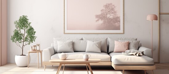 Capture of a peaceful living room setting featuring a plush sofa and a sturdy coffee table