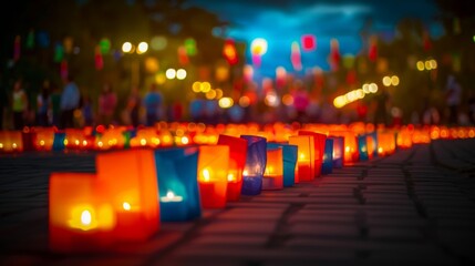 Dia de las velitas. A Colombian tradition. Candles and lanterns of all colors fill the night that officially begins Christmas with magic. banner, copy space, poster, background, greeting card. - obrazy, fototapety, plakaty