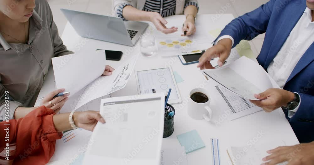 Poster Business hands, documents and teamwork in meeting for finance report, data analytics and statistics review. Manager, analyst or group paperwork, proposal and planning, reading or collaboration above