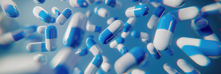 Close-Up of Assorted Pharmaceutical Capsules and Pills in Blue Tones. - obrazy, fototapety, plakaty