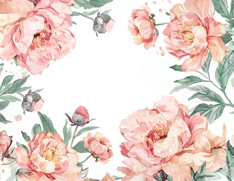 Pink rose peonies border on white background. Watercolor