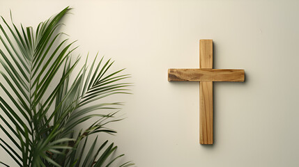 Wooden cross with palm leaves, easter palm Sunday concept