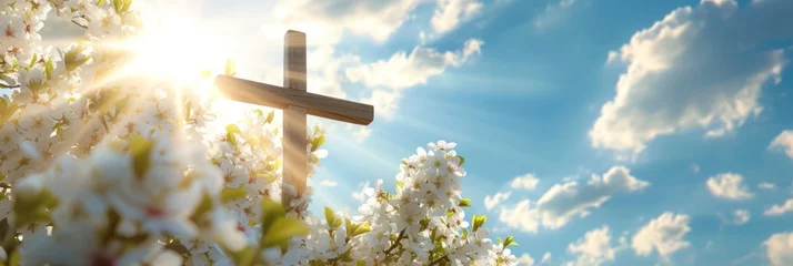 Fotobehang Ethereal Holy Spirit Light over Spring Blossoms and Cross © irissca