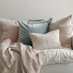 An array of soft pastel-hued cushions and a plush throw on a comfortable couch, evoking a warm, inviting atmosphere.