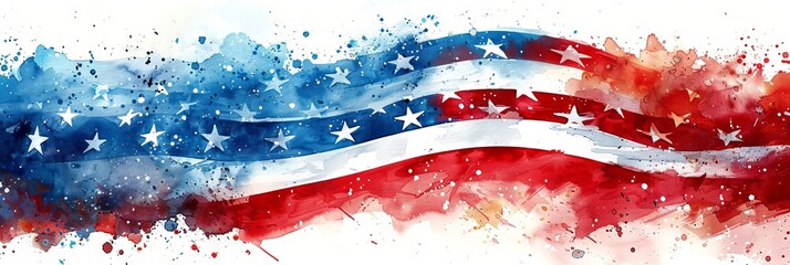 Watercolor illustration of the American flag. Fluid blend of red, white, and blue. Concept of American culture, patriotism, national pride, and freedom expression. Banner. Copy space - obrazy, fototapety, plakaty