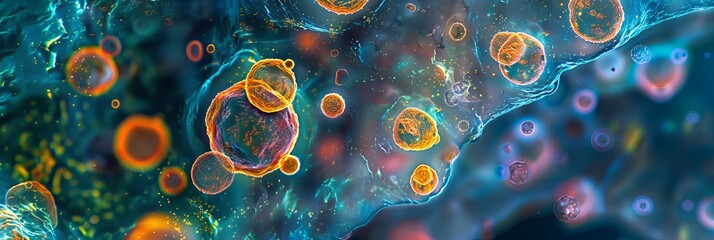 Detailed microscopic view of cells, bacteria and viruses. Close-up of pathogens and microscopic organisms. Vivid biomedical background. Banner. Concept of microbiology, immunology, and health research - obrazy, fototapety, plakaty