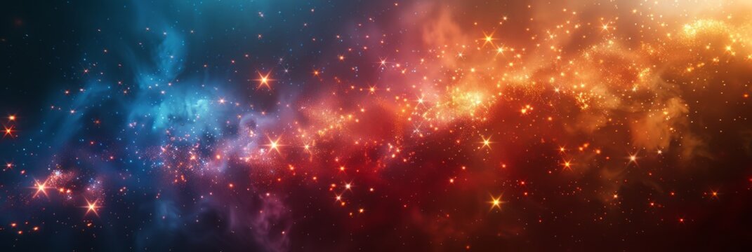 Cosmic display of stars and nebulae across a galaxy. A gradient of blue to red hues in deep space. Concept of universe vastness. Banner. Perfect for American national holidays and political events. © Jafree