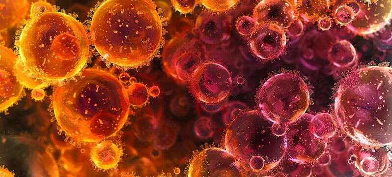 Detailed microscopic view of cells, bacteria and viruses. Close-up of pathogens and microscopic organisms. Vibrant biomedical background. Banner. Concept of microbiology, immunology, health research