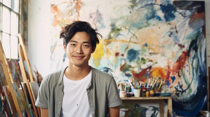 Smiling Asian man artist next to his artwork in art studio. Concept of artistic talent, fine arts, creative process, interesting hobby, exciting leisure time, oil painting