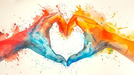 Two Hands forming heart shape. Symbol of love. Concept of togetherness, affection, romantic gestures, love signs, warm emotions. Watercolor art. Aquarelle splash