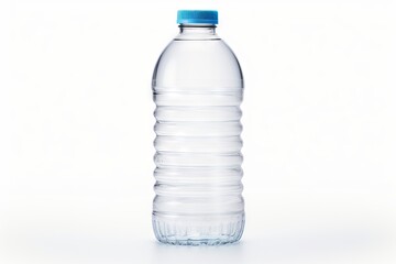 Single plastic water bottle with blue cap. White backdrop. Concept of personal hydration, portable drinking water, and individual water consumption.