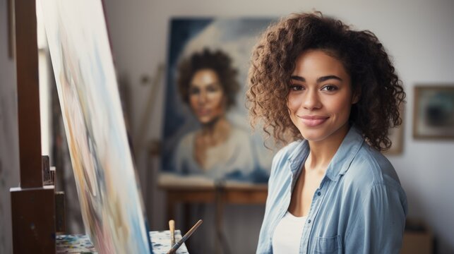 Young mixed-race woman painter with curly hair with a canvas in an art studio. Concept of artistic talent, fine arts, creative process, oil painting, and cultural diversity.