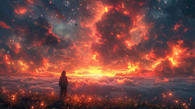Person observing a starry firestorm from a cloud-covered landscape. An otherworldly spectacle bridging reality with the cosmos. Concept of infinity, celestial wonder, and dreamlike vision. Digital art