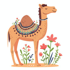 Cute camel with flowers. flat vector illustration i