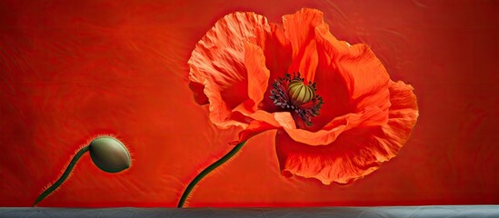 Single red poppy flower with a green stem placed in front of a solid red background