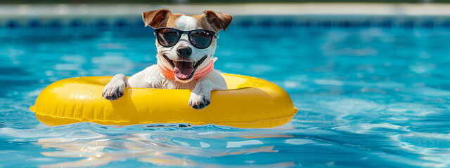 happy dog in sunglasses in the pool in a circle