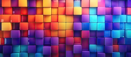 An up-close image of numerous colorful cubes arranged on a vibrant wall surface