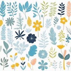 A collection of seamless pattern, colorful abstract plants and flowers. Hand drawn Collection of leaves and flowers. A close up of a pattern of flowers and leaves.
