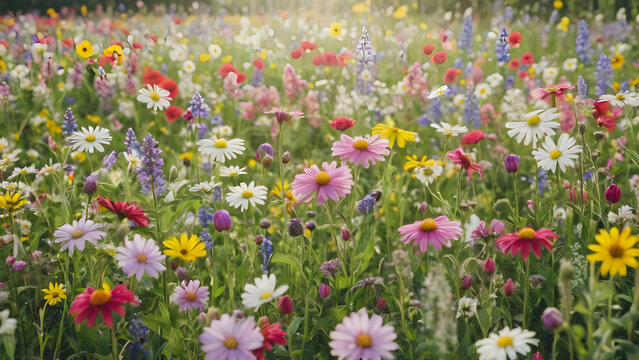 Summer Explosion: A Meadow Bathed in Colorful Blooms. Glade of flowers: Many colorful flowers blooming in a summer meadow. generative AI