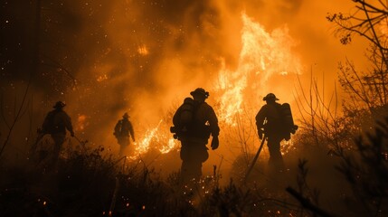 Firefighters Stand Against Wildfire, Firefighters on Duty, The Fight Against Raging Flames, The Courageous Struggle of Fire Brigades - obrazy, fototapety, plakaty