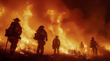 Firefighters Stand Against Wildfire, Firefighters on Duty, The Fight Against Raging Flames, The Courageous Struggle of Fire Brigades