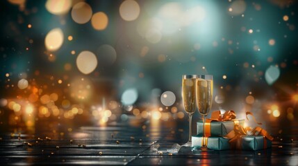 Celebration party, happy birthday, wedding, New Year Merry Christmas, decorations beautiful joyful colourful cake champagne glasses banner copy space backgroung greeting card poster. - obrazy, fototapety, plakaty