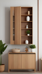 Wooden cabinet and accessories decor in living room interior on empty white wall background. Wooden shelves.