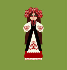 Motanka doll. Vector illustration for cards, banners, and posters. Bright drawing with a traditional doll. Motanka doll wearing an embroidered costume